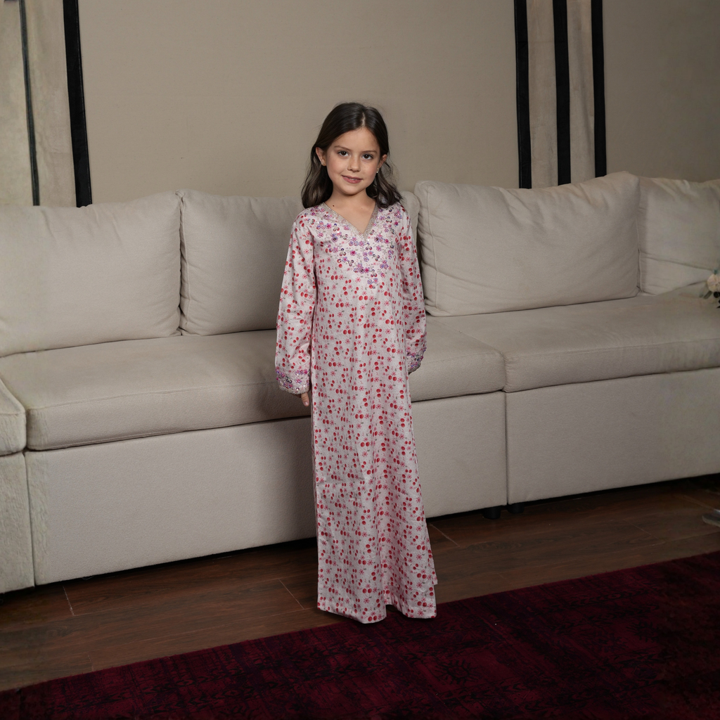 Cherry Pink Hand-Beaded Cotton Kaftan, QAR 395