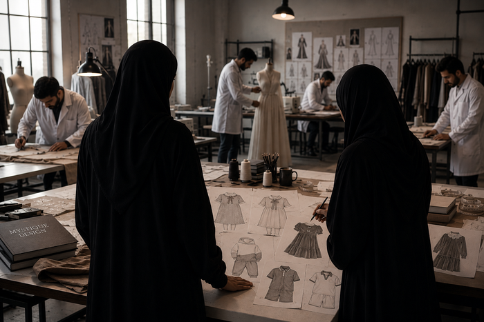Mystique founders in a fashion design studio with sketching a new collection.